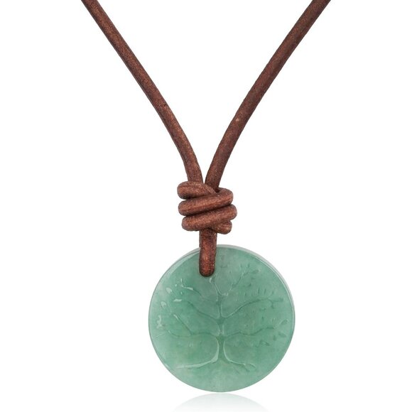 Tree of Life Necklace Green Aventurine Pendant Adjustable Nylon Cord/Leather Ne